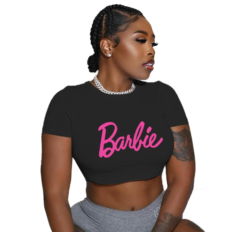 Sexy Fashion Barbie Girls Short Crop Top Anime Kawaii Ladies Slim Tank Short Sleeve Y2K Casual All-Match Summer T-Shirt Clothes