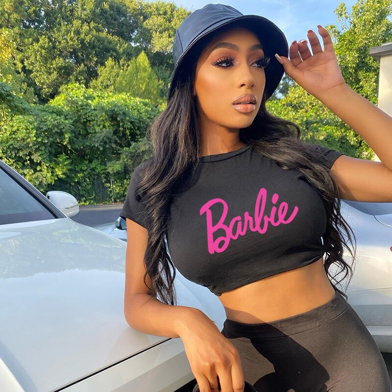 Sexy Fashion Barbie Girls Short Crop Top Anime Kawaii Ladies Slim Tank Short Sleeve Y2K Casual All-Match Summer T-Shirt Clothes