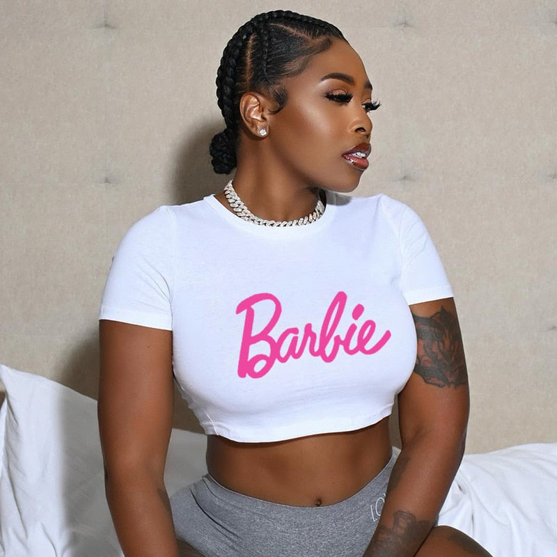 Sexy Fashion Barbie Girls Short Crop Top Anime Kawaii Ladies Slim Tank Short Sleeve Y2K Casual All-Match Summer T-Shirt Clothes
