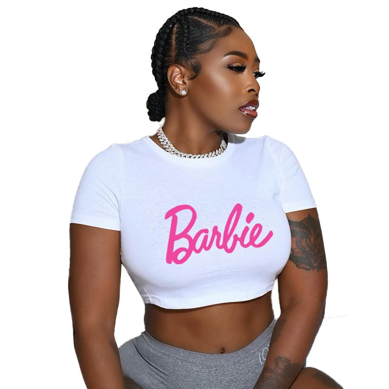 Sexy Fashion Barbie Girls Short Crop Top Anime Kawaii Ladies Slim Tank Short Sleeve Y2K Casual All-Match Summer T-Shirt Clothes